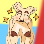 1:1 anthro bear bee_swarm_simulator blush body_blush bombaclaytt_(artist) eyes_closed female fluffy fluffy_ears hands_on_knees hands_on_legs happy head_tilt hi_res mammal mother_bear mother_bear(bee_swarm_simulator) nude roblox snout solo star vulva_blush