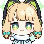  1girl ^_^ animal_ear_headphones animal_ears animated animated_gif aqua_jacket blonde_hair blue_archive blunt_bangs blunt_ends blush_stickers bow bright_pupils cat_ear_headphones cat_ears chunye_haruya closed_eyes closing_eyes comedic_sweatdrop commission disembodied_hand dot_nose fake_animal_ears gloves green_bow green_eyes green_gloves green_halo hair_bow halo headphones index_finger_raised jacket looking_at_viewer low-tied_sidelocks lowres midori_(blue_archive) midori_(winter)_(blue_archive) missing_commentary nervous_smile official_alternate_costume parted_lips scarf second-party_source short_hair sidelocks simple_background smile solo text_print transparent_background upper_body white_mouth white_pupils white_scarf winter_clothes 