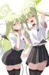  2girls absurdres alternate_costume bad_id bad_pixiv_id black_choker black_skirt black_thighhighs blush cake_walker choker closed_mouth demon_girl demon_tail fangs green_eyes green_halo hair_between_eyes halo highres hikari_(blue_archive) long_hair multiple_girls nozomi_(blue_archive) one_eye_closed open_mouth pleated_skirt pointing pointing_at_viewer pointy_ears shirt sidelocks skirt tail thighhighs twintails white_shirt yellow_eyes 