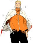  1boy ? bandaged_arm bandages blonde_hair blue_eyes boruto:_naruto_next_generations closed_mouth jacket looking_at_viewer male_focus naruto_(series) ninja orange_jacket short_hair simple_background solo spiked_hair uzumaki_naruto white_background zifletts 
