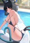  1girl absurdres alternate_costume animal_ears ass bikini black_eyes black_hair blue_archive blue_bikini breasts butt_crack cat_ears from_behind gradient_halo gradient_tail halo highres jiang_(kplrt_07) kikyou_(blue_archive) kikyou_(swimsuit)_(blue_archive) large_breasts looking_at_viewer looking_back multi-strapped_bikini_bottom multi-strapped_bikini_top multicolored_halo multiple_tails official_art paid_reward_available pool short_hair side-tie_bikini_bottom sideboob solo string_bikini swimsuit tail towel two_tails 