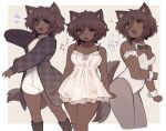  1girl 1other ? animal_ear_fluff animal_ears armband black_bow black_bowtie boots bow bowtie breasts brown_background brown_boots brown_eyes brown_hair brown_jacket brown_theme character_request check_character chibi chibi_inset collar dark_skin dog_ears dog_girl dog_tail dress fang feet_out_of_frame frilled_armband frills grey_pantyhose hair_between_eyes iahtruong jacket layered_dress leaning_forward leotard looking_back loose_hair_strand medium_breasts multiple_views musical_note notice_lines off-shoulder_dress off_shoulder open_mouth original pantyhose patterned_background plaid_clothes plaid_jacket shirt short_hair shorts skin_fang sleeveless sleeveless_dress smile spaghetti_strap strapless strapless_leotard sweatdrop tail unmoving_pattern white_armband white_collar white_leotard white_shirt white_shorts white_wrist_cuffs wrist_cuffs 