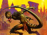  action_pose alex_horley-orlandelli anthro city cityscape claws clothed clothing half-dressed lizard loincloth looking_at_viewer looking_back magic_the_gathering male official_art open_mouth painting_(artwork) rear_view reptile scalie sharp_teeth signature snarling solo spikes standing teeth tongue tongue_out topless traditional_media_(artwork) viashino 