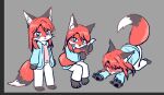alternate_species anthro blue_clothing blue_eyes blue_jacket blue_topwear bottomwear canid canine clothing fox furrification holding_tail ichijou_seiya jacket kaiji male mammal pants pawpads pink_clothing pink_shirt pink_topwear shirt solo stretching tail topwear white_bottomwear white_clothing white_pants yologyeolseogchung-gyeogpaswaeseogsul