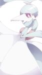  bob_cut colored_skin dress gardevoir green_hair green_skin hair_over_one_eye highres multicolored_skin narumiya_pkmn pink_eyes pokemon pokemon_(creature) signature simple_background two-tone_skin white_background white_dress white_skin 