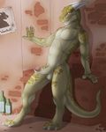 2014 alley anthro arm_support balls digitigrade dragon erection fersir green_scales humanoid_penis leaning looking_at_viewer male penis poster precum scalie smile solo yellow_eyes 
