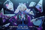  1boy 1girl 1other animal_ears armlet black_hair blood blood_on_face blue_skin closed_eyes colored_skin commentary crying deltarune english_text facing_viewer furry furry_female glass_shards glasses goat_boy goat_ears goat_horns green_robe hair_over_eyes hand_over_heart heart highres horns jewelry kris_(dark_world)_(deltarune) kris_(deltarune) long_hair milodesty open_mouth pink_scarf purple_hair ralsei robe round_eyewear scarf smile soul_(deltarune) spiked_armlet susie_(dark_world)_(deltarune) susie_(deltarune) 