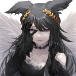  1girl animal_ears black_shirt black_wings cat_ears choker claws commission commissioner_upload crying crying_with_eyes_open debuff999 english_text feathered_hair feathered_wings gold_claws gradient_skin hand_on_own_face highres holding holding_own_hair laurel_crown looking_at_viewer non-web_source original parted_lips pulling_own_hair sad scar scar_across_eye scar_on_face shirt sidelocks solo tears watermark white_eyes wings 