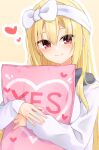  1girl arihara_nanami blonde_hair blush bow closed_mouth commentary eyes_visible_through_hair hair_between_eyes hair_bow hair_down hairband happy heart heart_print highres hugging_object long_hair official_alternate_costume official_alternate_hairstyle outline pajamas pillow pillow_hug pink_pillow print_pillow red_eyes riddle_joker sidelocks silver116 simple_background sleeves_past_wrists smile solo straight_hair tsurime upper_body very_long_hair white_bow white_hairband white_outline white_pajamas yellow_background yes yes-no_pillow 