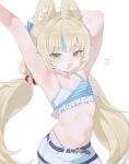  1girl :3 ahoge animal_ear_fluff animal_ears arm_behind_head armpits arms_up bare_arms bikini blonde_hair blue_bikini blue_eyes blue_hair cat_ears collarbone commentary eliora202 english_commentary fang frilled_bikini frills highleg highleg_bikini highres indie_virtual_youtuber lifebuoy_hair_ornament light_blush long_hair looking_at_viewer low_twintails multicolored_hair navel open_mouth ribs sameko_saba short_shorts shorts simple_background smile smug solo streaked_hair stretching striped_bikini striped_clothes swimsuit twintails very_long_hair virtual_youtuber white_background white_bikini white_shorts 