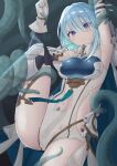  1girl absurdres aqua_hair arm_up armpits asigaru3000 blue_cape blunt_bangs breasts cape dissolving_clothes dreizehn_(shadowverse) gloves highres knee_up large_breasts purple_eyes restrained shadowverse slime_(creature) white_gloves 