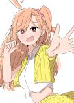  1girl :d ahoge blush commentary cropped_shirt hair_ornament hair_scrunchie highres holding holding_own_hair ikizulive!_love_live!_bluebird jacket love_live! midriff official_alternate_costume one_side_up open_clothes open_jacket open_mouth orange_hair outstretched_arm pink_scrunchie pinstripe_jacket pinstripe_pattern pinstripe_skirt red_eyes scrunchie shirt short-sleeved_jacket short_sleeves simple_background skirt smile solo takahashi_polka upper_body what_is_my_life?_(love_live!) white_background white_shirt yellow_jacket yellow_skirt yozorapi 