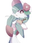  bob_cut bonnet colored_skin dress flower food gardevoir gardevoir_(fashionable) green_hair green_skin hair_over_one_eye hat hat_flower holding holding_food multicolored_skin narumiya_pkmn pink_eyes pink_flower pokemon pokemon_(creature) pokemon_unite signature simple_background two-tone_skin white_background white_dress white_hat white_skin 