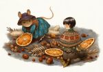  1boy acorn animal black_hair closed_mouth dress dried_fruit food fruit full_body furry furry_female green_shirt hat holding long_sleeves mini_person miniboy mogoshin mouse_girl orange_(fruit) original seiza shawl shirt shoes short_hair shorts simple_background sitting smile vest white_background 