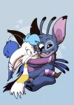 alien antennae_(anatomy) bat_wings blue_body blue_fur blue_hair boots bottomwear clothing disney erakir_(character) experiment_(lilo_and_stitch) footwear fur hair happy hi_res hug hugging_another ivalician_moogle legwear lilo_and_stitch male membrane_(anatomy) membranous_wings pom_antennae scarf shoes shorts smile smiling_at_another stitch_(lilo_and_stitch) stockings trevor-fox white_body white_fur wings