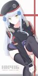  1girl absurdres beret black_hat blush breasts cross expressionless facepaint from_above german_flag girls&#039;_frontline gloves green_eyes hair_ornament hairclip hat highres hk416_(girls&#039;_frontline) iron_cross jacket knee_up large_breasts light_frown long_hair looking_at_viewer looking_up microskirt plaid_clothes plaid_skirt pleated_skirt sitting skirt solo teardrop thighhighs uchikata_takeaki very_long_hair white_hair 