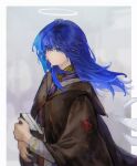  1girl absurdres aged_down ahoge alternate_costume arknights arknights_yuu12 blue_eyes blue_hair book border brown_cloak cloak energy_wings expressionless from_side halo highres holding holding_book long_hair long_sleeves mostima_(arknights) necktie no_horns purple_necktie shirt sidelocks sideways_glance solo swept_bangs traditional_halo upper_body white_border white_halo white_shirt 