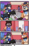  ageplay andromorph animatronic backpack bathroom bear bewskyss canid canine canis clothing comic female five_nights_at_freddy&#039;s five_nights_at_freddy&#039;s:_security_breach freddy_(fnaf) fur giant_panda group hair hat headgear headwear hi_res infantilism intersex machine male mammal object_in_mouth overalls pacifier pacifier_in_mouth propeller_hat robot roleplay scottgames shocked steel_wool_studios wolf 