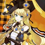  1girl bare_shoulders black_bow black_dress black_flower black_gloves black_hat black_sleeves blonde_hair blue_eyes blue_gemstone bow detached_sleeves dress drill_hair drill_sidelocks flower gem genshin_impact gloves hat highres holding holding_umbrella lolita_fashion long_hair looking_at_viewer mutumumu navia_(genshin_impact) outline ribbon sidelocks single_glove smile solo strapless strapless_dress umbrella upper_body vision_(genshin_impact) white_outline yellow_flower 