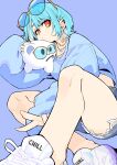  1girl absurdres aqua_hair blue_background blue_shirt colored_inner_hair creature denim denim_shorts earrings eyewear_on_head from_below highres holding indian_style jewelry multicolored_eyes multicolored_hair necklace orange_eyes oversized_clothes oversized_shirt shiranami_ramune shirt shoes short_hair shorts simple_background sitting sneakers solo stuffed_animal stuffed_toy sunglasses tetsu_booya torn_clothes torn_shorts v virtual_youtuber vspo! white_hair 