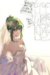  1boy 1girl armpits bare_shoulders bead_necklace beads breasts bridal_veil brother_and_sister caricature cleavage crying crying_with_eyes_open d.gray-man dress elbow_gloves flower glasses gloves green_hair hair_between_eyes hair_bun hair_flower hair_ornament hat highres hitting jewelry knocking komui_lee lenalee_lee light_smile lipgloss long_dress long_hair looking_at_another looking_at_viewer medium_breasts necklace open_mouth purple_eyes rocheng shouting siblings sidelocks simple_background sketch skirt_hold speech_bubble strapless strapless_dress streaming_tears tears veil wedding_dress white_background white_dress white_flower white_gloves window 