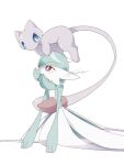  blue_eyes colored_skin dress gardevoir green_skin mew_(pokemon) multicolored_skin narumiya_pkmn pink_eyes pink_fur pokemon pokemon_(creature) signature simple_background tail two-tone_skin white_background white_dress white_skin 