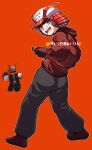  1boy armor baseball_cap black_pants brown_eyes brown_hair brown_shoes cigarette commentary commission counter-strike_(series) counter-strike_2 dagger english_commentary from_behind full_body hat helmet highres holding holding_dagger holding_knife holding_weapon hood hood_down hoodie hugo_(rushbordie) japanese_armor kabuto_(helmet) knife looking_at_viewer male_focus open_mouth orange_background pants player_character_(roblox) red_hoodie reverse_grip roblox shoes short_hair simple_background solo sweatpants weapon 