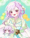  1girl :d ahoge blush braid food frills fruit hair_ribbon halftone halftone_background highres lemon lemon_slice long_hair looking_at_viewer multiple_views niizuma_yae nogiro_(usa_ru) open_mouth polka_dot polka_dot_background purple_hair ribbon short_sleeves smile upper_body watermark world_dai_star 