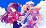  2girls ;d ;p adjusting_eyewear blonde_hair blue_eyes blue_pants blue_shirt blue_sky blush brown_hair closed_mouth cloud collared_shirt commentary fang floral_print flower fujishima_megumi glint hair_flower hair_ornament hawaiian_shirt heart heart-shaped_eyewear hibiscus_print highres link!_like!_love_live! long_hair looking_at_viewer love_live! mira-cra_park! multiple_girls one_eye_closed open_mouth osawa_rurino pants parted_bangs pink_flower pink_shirt polo_shirt purple_eyes revision round_eyewear shirt short_sleeves sky smile sparkle sunglasses tongue tongue_out twintails two_side_up virtual_youtuber watage_modoki white_pants 