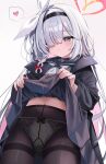  1girl black_hairband black_jacket black_pantyhose black_serafuku blue_archive chocola_vt clothes_lift grey_eyes grey_hair hairband halo highres jacket multicolored_hair navel neckerchief panties pantyhose pink_hair plana_(blue_archive) red_halo school_uniform serafuku skirt skirt_lift solo thighband_pantyhose thighs two-tone_hair underwear white_neckerchief white_panties 