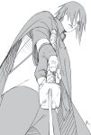  1boy black_cape black_gloves black_hair boruto:_naruto_next_generations cape chokutou fingerless_gloves gloves greyscale hair_over_one_eye holding holding_sword holding_weapon looking_at_viewer male_focus monochrome naruto_(series) ninja sharingan short_hair simple_background solo sword uchiha_sasuke weapon white_background zifletts 