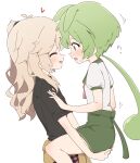  2girls animal_ears black_shirt blonde_hair blush carrying carrying_person closed_eyes commentary_request giryu green_hair green_shorts heart highres kasukabe_tsumugi long_hair mole mole_under_eye multiple_girls open_mouth shirt short_sleeves shorts simple_background smile sweat voicevox white_background white_shirt yuri zundamon 