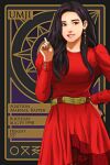  1girl artist_name_(singer) belt black_hair commentary cowboy_shot earrings eyeshadow gfriend hair_behind_ear hand_on_own_hip highres jewelry k-pop long_hair long_sleeves looking_to_the_side makeup mascara pink_nails real_life red_eyeshadow renzengeki smile solo umji_(gfriend) 