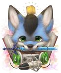  ambiguous_gender anthro beats black_fur blue_fur book canine cube cute english_text fox fur green_eyes mammal microphone nintendo plain_background silverfox5213 super_nintendo_entertainment_system sword text video_games weapon white_background white_fur wire 