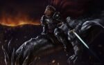 ambiguous_feral ambiguous_gender anthro armor clothed clothing dragon duo felid feral holding_melee_weapon holding_object holding_sword holding_weapon lion male male_anthro mammal melee_weapon mouth_closed mythological_creature mythological_scalie mythology orange_body pantherine riding saddle satanic_monkey scalie sword weapon