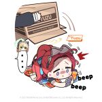  ... 2girls blonde_hair blue_archive box cardboard_box character_name chibi chips_(food) commentary copyright_notice cup disposable_cup donmin_h dress drinking_straw english_commentary english_text food green_eyes hair_ribbon halo high_ponytail holding long_hair long_sleeves lying maid_headdress midori_(blue_archive) midori_(maid)_(blue_archive) multiple_girls nervous_sweating no_mouth no_nose official_art on_stomach ponytail potato_chips puffy_long_sleeves puffy_sleeves purple_eyes red_hair ribbon short_sleeves simple_background speech_bubble spoken_ellipsis sweat white_background x_mouth yellow_halo yuzu_(blue_archive) yuzu_(maid)_(blue_archive) 