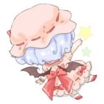  1girl alternate_hairstyle ascot bat_wings blue_hair blush brooch dress flying_sweatdrops jewelry lowres maru_usagi pink_dress pointy_ears puffy_sleeves red_eyes remilia_scarlet sash short_sleeves simple_background solo touhou twintails upper_body white_background wings 