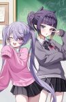  2girls :d alternate_costume bandaid bandaid_on_face bandaid_on_nose black_ribbon black_skirt blue_eyes chalk_drawing chalkboard classroom collared_shirt colored_inner_hair commentary cowboy_shot grey_hair grey_sweater hair_between_eyes hand_up heterochromia hololive hololive_english koseki_bijou koseki_bijou_(casual) long_bangs long_hair looking_at_viewer medium_hair miniskirt multicolored_hair multiple_girls neck_ribbon ninomae_ina&#039;nis ninomae_ina&#039;nis_(school_uniform) noraneco117 official_alternate_eye_color official_alternate_hairstyle one_eye_closed open_mouth pebble_(koseki_bijou) pink_eyes pink_hair pink_sweater plaid_clothes plaid_skirt pleated_skirt ribbon shiranui_flare shirt side_ponytail simple_background single_sleeve_past_fingers single_sleeve_past_wrist skirt sleeves_past_wrists smile solo sweater takodachi_(ninomae_ina&#039;nis) teeth twintails upper_teeth_only v v-neck v_over_eye very_long_hair virtual_youtuber white_background white_shirt 