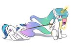  2015 blue_hair clothing cutie_mark duo equine female friendship_is_magic glowing hair horn levitation magazine male mammal multicolored_hair my_little_pony panties plain_background princess_celestia_(mlp) pulling rope shining_armor_(mlp) sitting sparkles sweat underpable underwear unicorn white_background winged_unicorn wings 
