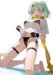  1girl absurdres barefoot bikini black_bikini black_gloves breasts cameltoe commission eco_376124 fingerless_gloves full_body gloves green_hair highres huge_breasts indie_virtual_youtuber kneeling looking_at_viewer open_mouth orange_eyes orange_scarf pixiv_commission ponytail scarf shirt side-tie_bikini_bottom simple_background skindentation solo string_bikini swimsuit thigh_strap toes wet wet_clothes wet_shirt white_background white_shirt yellow_eyes yuusha_orin 