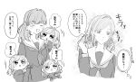  2girls :d =_= ceras_yanagida_lilienfeld chibi closed_eyes commentary expressionless greyscale hair_intakes hair_ornament hair_ribbon hasu_no_sora_school_uniform highres hinoshita_kaho link!_like!_love_live! long_hair long_sleeves love_live! medium_hair monochrome motion_lines multiple_girls neckerchief open_mouth rabbit_hair_ornament ribbon sailor_collar school_uniform smile speech_bubble symbol-only_commentary thought_bubble translation_request two_side_up v-shaped_eyebrows virtual_youtuber winter_uniform zuisetsu 