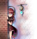  1girl ajitarou_(setsu) automedic_alma blue_eyes brick drone emil_chronicle_online empty_eyes frilled_skirt frills headphones miniskirt peeking_out red_hair skirt standing 
