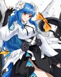  1girl absurdres asymmetrical_wings black_gloves blue_hair dizzy_(guilty_gear) fingerless_gloves flower gloves guilty_gear guilty_gear_strive hair_flower hair_ornament highres long_hair looking_at_viewer otogisum3 queen_dizzy red_eyes smile solo very_long_hair wings 