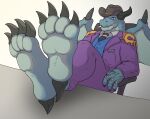 4_toes absurd_res back_wings blue_body blue_eyes bone bushiroad business business_attire business_suit businesswear cardfight!!_vanguard cel_shading chair cigar cigarette cigarette_in_mouth claws clothing cowboy_hat crossed_legs dragon feet feet_on_desk foot_fetish foot_focus furniture gear_dragon greedon hat headgear headwear heel_claw heel_spike hi_res hindpaw horn kiwifizz male mythological_creature mythological_scalie mythology necktie object_in_mouth office office_chair paws purple_clothing scalie shaded simple_background skull soles solo spread_wings suit toe_claws toes wings