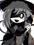 black_eyes black_hat black_sleeves buttons collar colored_skin diamond_button frilled_shirt_collar frilled_sleeves frills grey_collar grey_hair grey_shirt hair_over_eyes hat holding holding_phone komeiji_koishi monochrome open_mouth phone raisutea shaded_face shirt touhou urban_legend_in_limbo white_background white_skin 