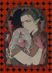  2boys baldur&#039;s_gate baldur&#039;s_gate_3 black_hair cazador_szarr dark-skinned_male dark_skin dungeons_&amp;_dragons earrings english_commentary grey_hair highres hug jewelry long_hair multiple_boys narrowed_eyes pointy_ears red_eyes vellioth viol_vrt wavy_hair yaoi 