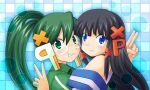  2girls black_hair blue_eyes blurry bokeh commentary_request depth_of_field glasses green_hair homeko hug long_hair looking_at_viewer multiple_girls os-tan personification ponytail sato_(esuplusesu) smile upper_body v xp-tan 