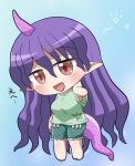  1girl :d barefoot blush breasts chibi chibi_only clothes_writing commentary_request frilled_shorts frills full_body green_shirt green_shorts hair_between_eyes highres horns long_hair open_mouth plaid_clothes plaid_shorts pointy_ears purple_hair purple_horns red_eyes rokugou_daisuke shirt short_sleeves shorts signature single_horn smile solo standing t-shirt tail tenkajin_chiyari test_tube touhou very_long_hair 