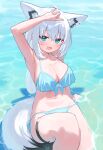  1girl :d absurdres ahoge alternate_costume animal_ear_fluff animal_ear_piercing animal_ears arm_support arm_up armpits bikini blue_bikini breasts cleavage commentary_request crossed_bangs day double-parted_bangs extra_ears fox_ears fox_girl fox_shadow_puppet fox_tail front-tie_bikini_top front-tie_top hair_between_eyes halterneck highres hololive large_breasts long_hair looking_at_viewer navel open_mouth outdoors pentagram revision shirakami_fubuki side-tie_bikini_bottom sitting smile solo swimsuit tail thigh_strap verdey virtual_youtuber water white_hair 