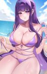  1girl absurdres artist_name ayrinsama beach bikini bikini_top_lift blue_sky blunt_bangs blush breasts cleavage closed_mouth clothes_lift cloud cloudy_sky collarbone curvy eyebrows_hidden_by_hair fern_(sousou_no_frieren) half_updo highres large_breasts long_bangs long_hair looking_at_viewer navel ocean purple_bikini purple_eyes purple_hair ribbon-trimmed_bikini ribbon_trim signature sitting sky solo sousou_no_frieren swimsuit tan tanlines thick_thighs thighs untied_bikini_bottom very_long_hair 